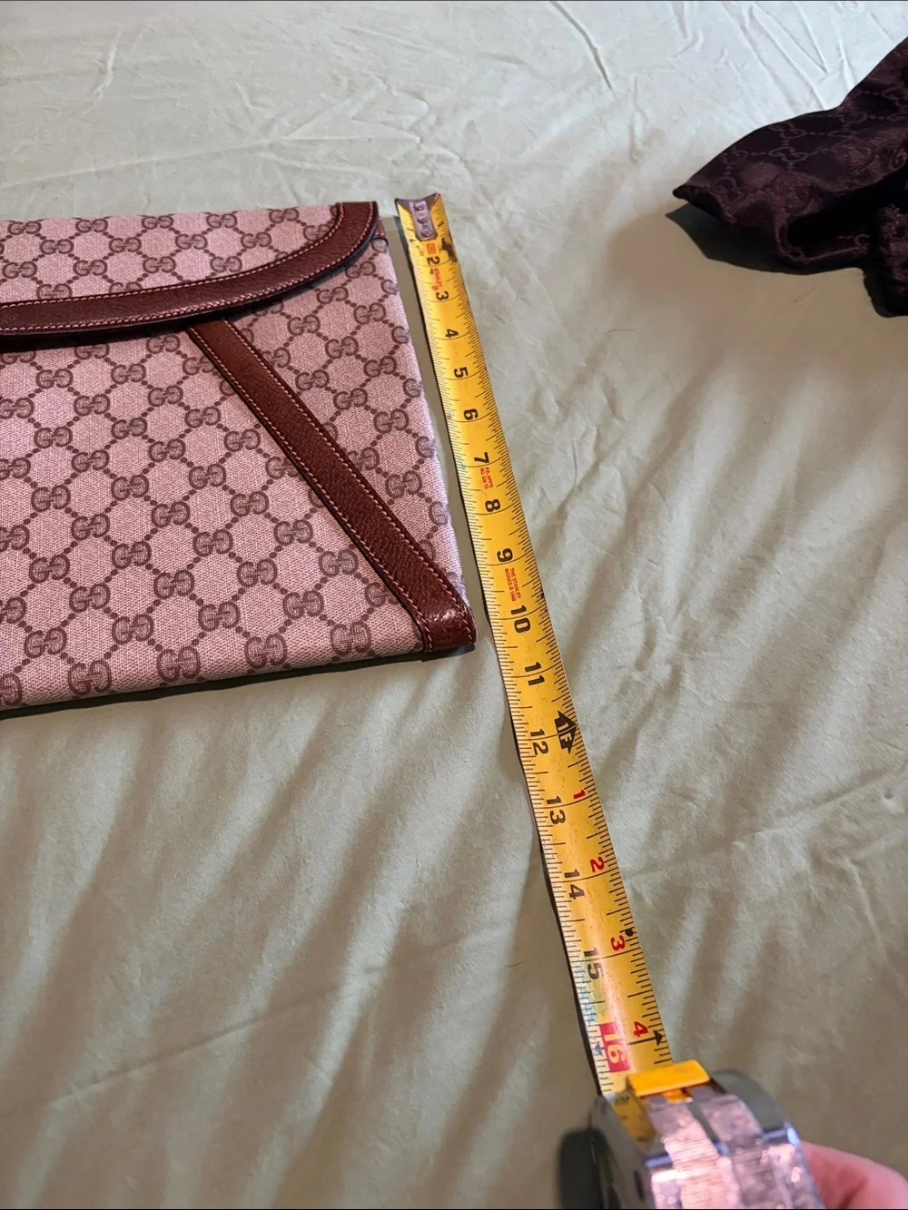 Gucci Beige GG Supreme Envelope Clutch with Brown Leather Trim